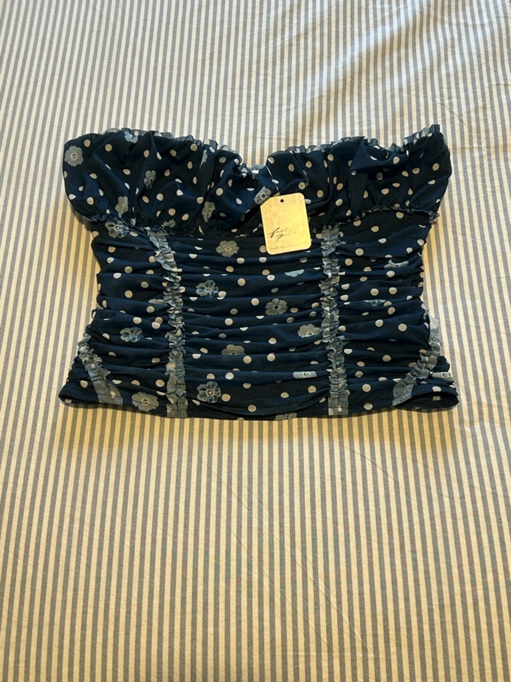Free People Navy Floral Polka Dot Smocked Strapless Crop Top
